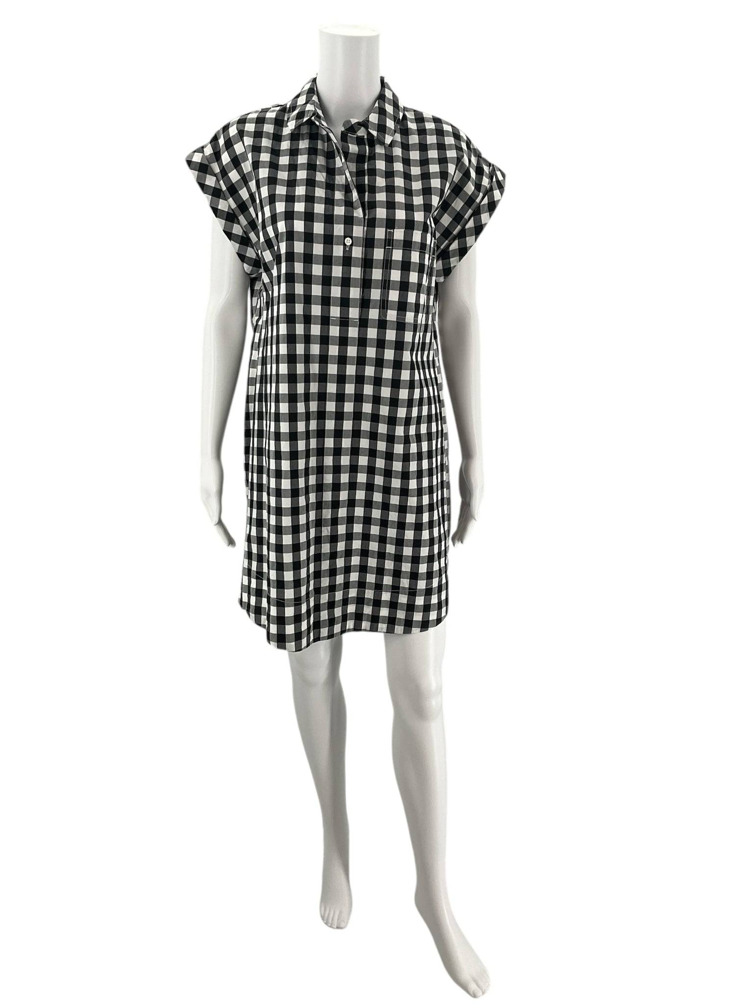 Front view of J Crew Print Mini Dress Size Medium in black and white checkered cotton fabric, available at Margaret’s Fine Consignments.