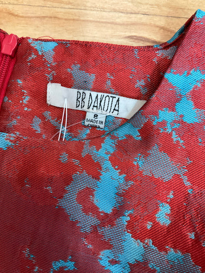 BB Dakota Jayla Red Teal Abstract Jacquard Fit &amp;amp; Flare Dress Size 8