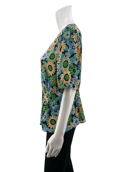 cabi blue/orange/green Peplum Heirloom Blouse Retro Floral Peplum V-Neck Top Size Medium - Size M