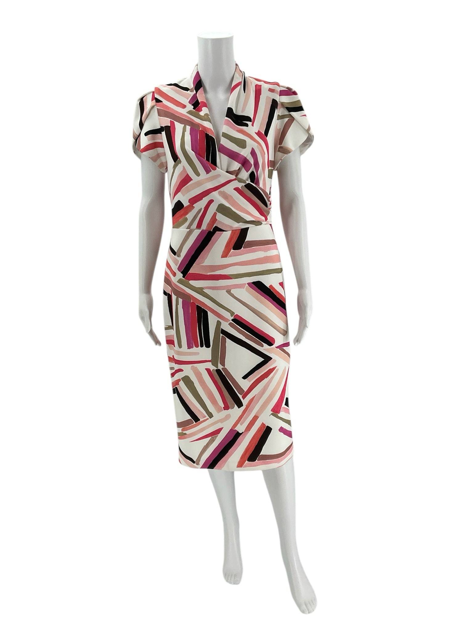 Front view of Joseph Ribkoff knee-length pink and white print dress size 6, new with tags, offered by Margaret’s Fine Consignments.