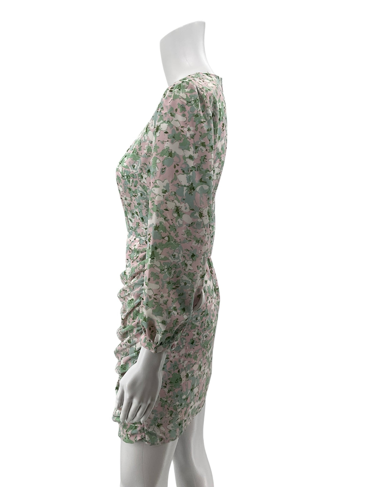 Entro Floral Asymmetrical Ruched Mini Dress Pink Green Size Small - ONLINE ONLY