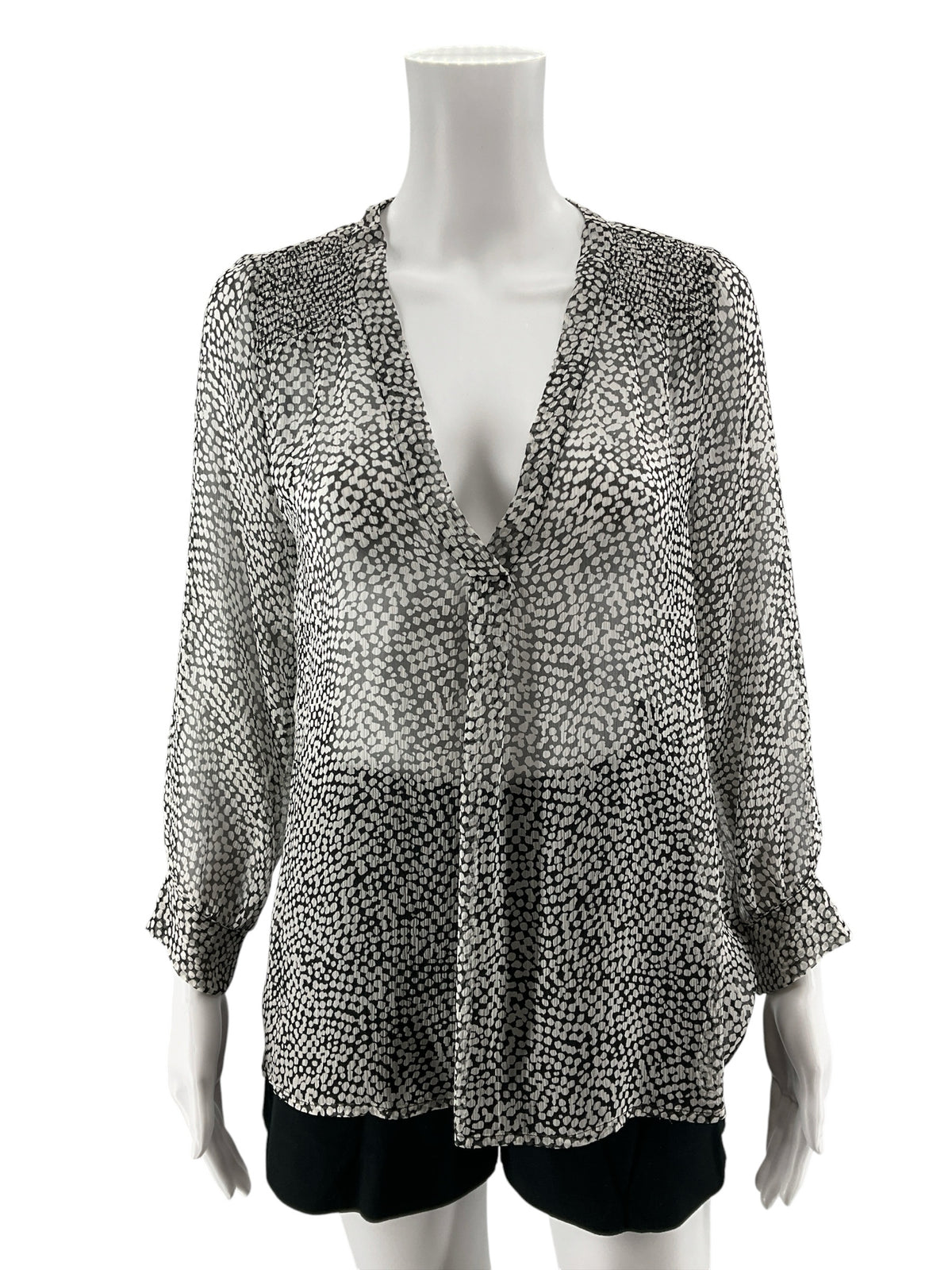 Joie Aruna Pebble Print 100% Silk Blouse Black White Sheer Top Size Small - ONLINE ONLY
