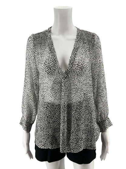 Joie Aruna Pebble Print 100% Silk Blouse Black White Sheer Top Size Small - ONLINE ONLY
