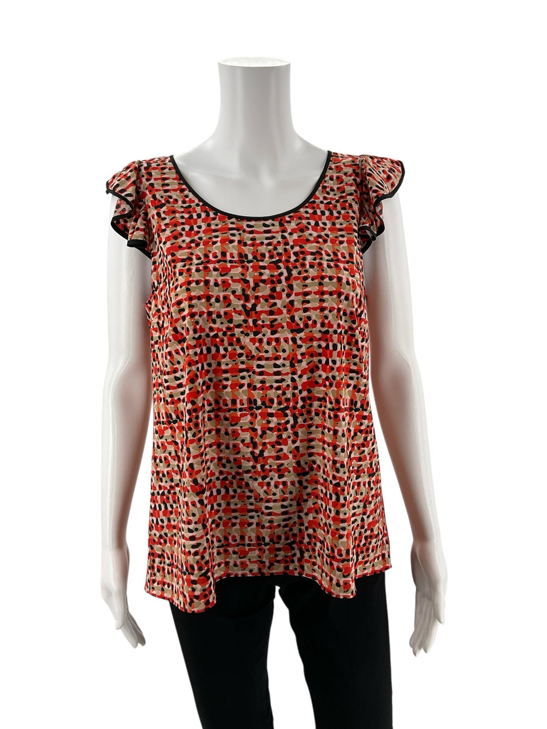 Ann Taylor flutter sleeve blouse in orange, black, and tan print, featuring a keyhole back, size 8, A-line silhouette.