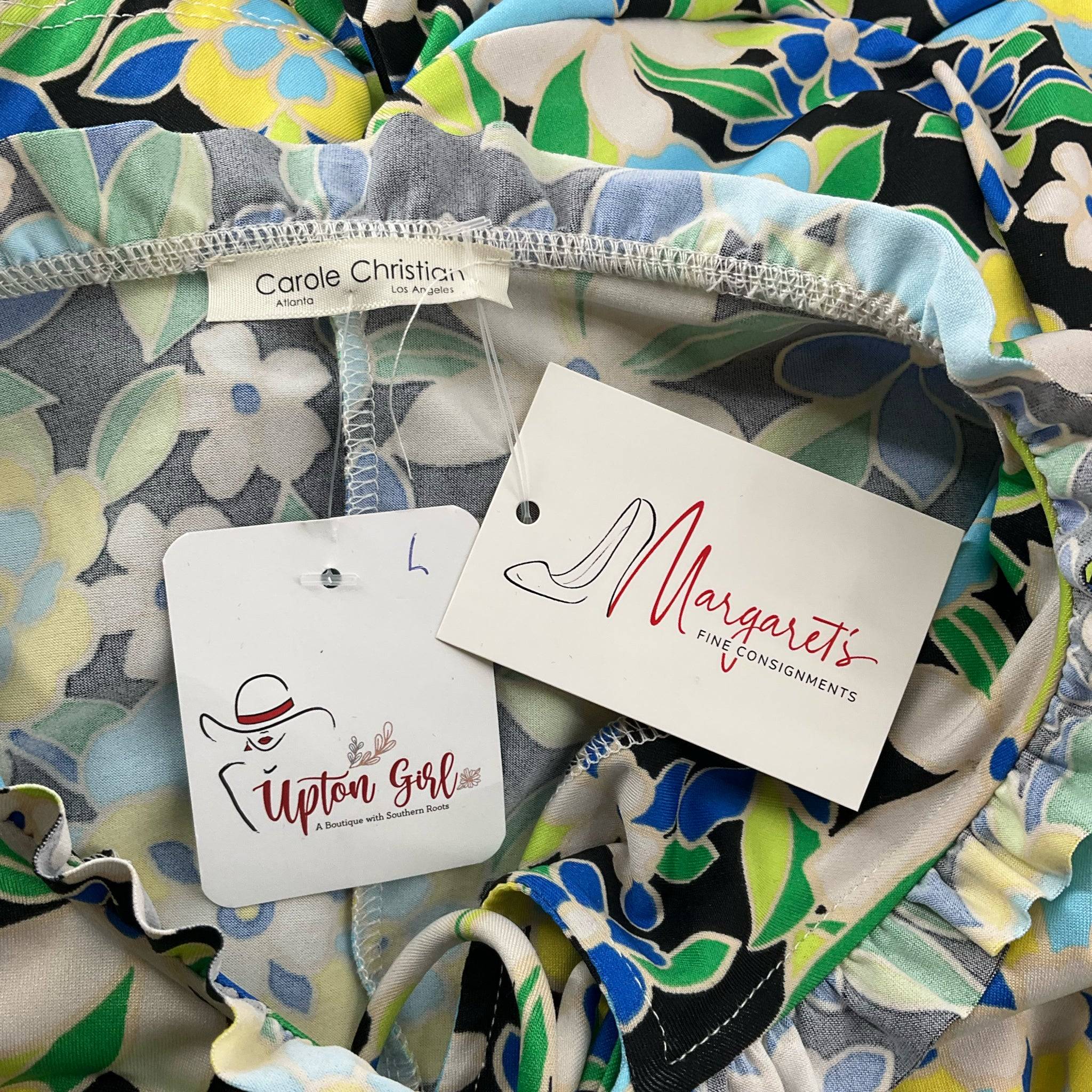 Close-up of Carole Christian Dress Size Large tags, featuring Upton Girl and Margaret’s Fine Consignments branding, new with tags.