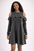 Gray heathered cold shoulder A-line dress by LOFT with ruffle details and keyhole back, size small, casual modern style.