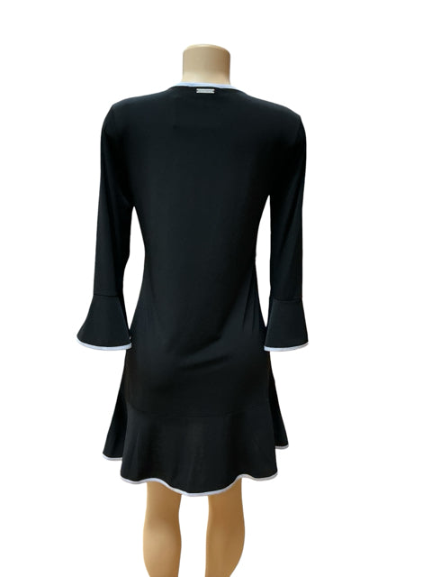 MICHAEL Michael Kors Black White Trim Bell Sleeve Ruffle Hem Dress Size Medium- ONLINE ONLY
