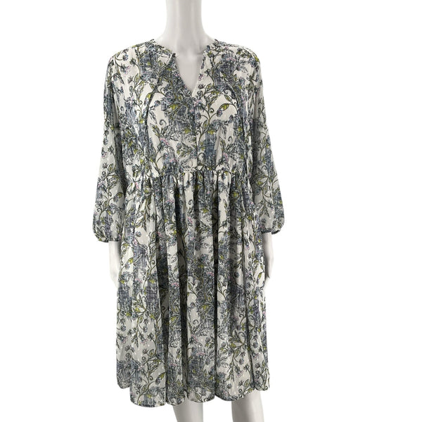 Torrid Leaf Print Dress - Size 12 with blue and green foliage on white fabric, featuring a V-neck and gathered waist, ideal for casual wear.