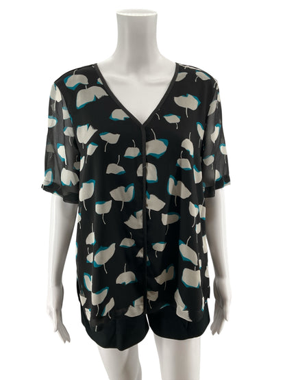 DKNY Abstract Floral Flutter Sleeve V-Neck Blouse Top Size Medium NWT