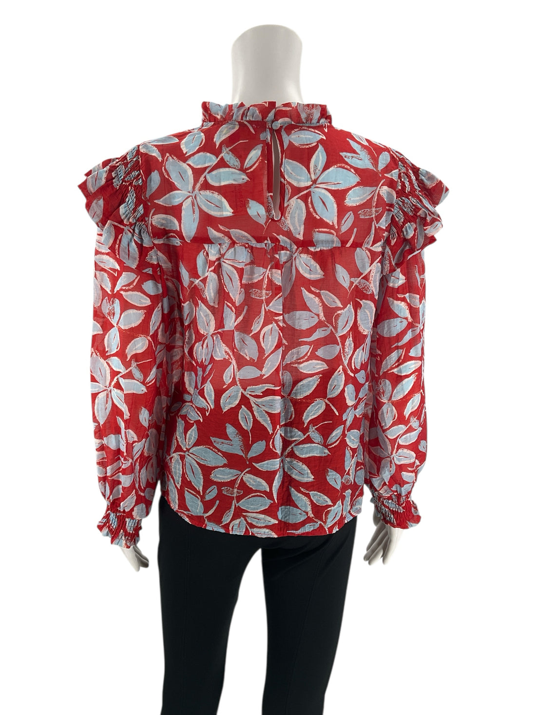 THML Smocked Ruffle Neck Bishop Sleeve Blouse Red Blue Floral Print Size Small - ONLINE ONLY