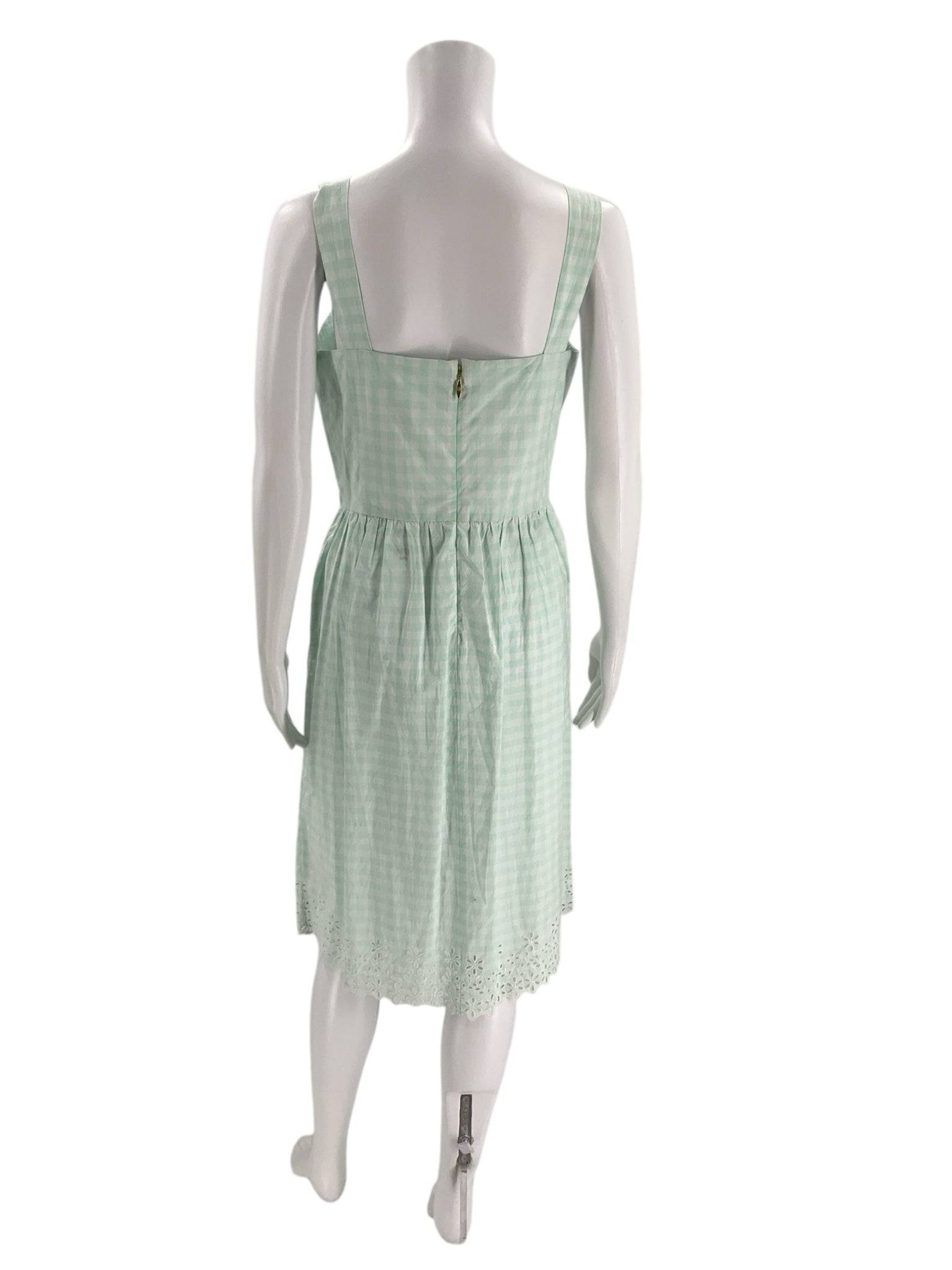 Back view of Draper James Dress Size 6 with zipper closure and mint checkered cotton fabric, available at Margaret’s Fine Consignments.