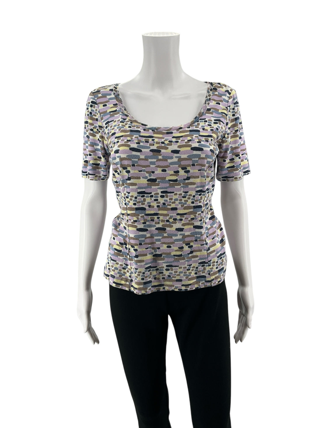 St. John Sport purple/yellow/tan/white Short Sleeve Vintage 2008 Abstract Print Scoop Neck Top Size Petite - Size P