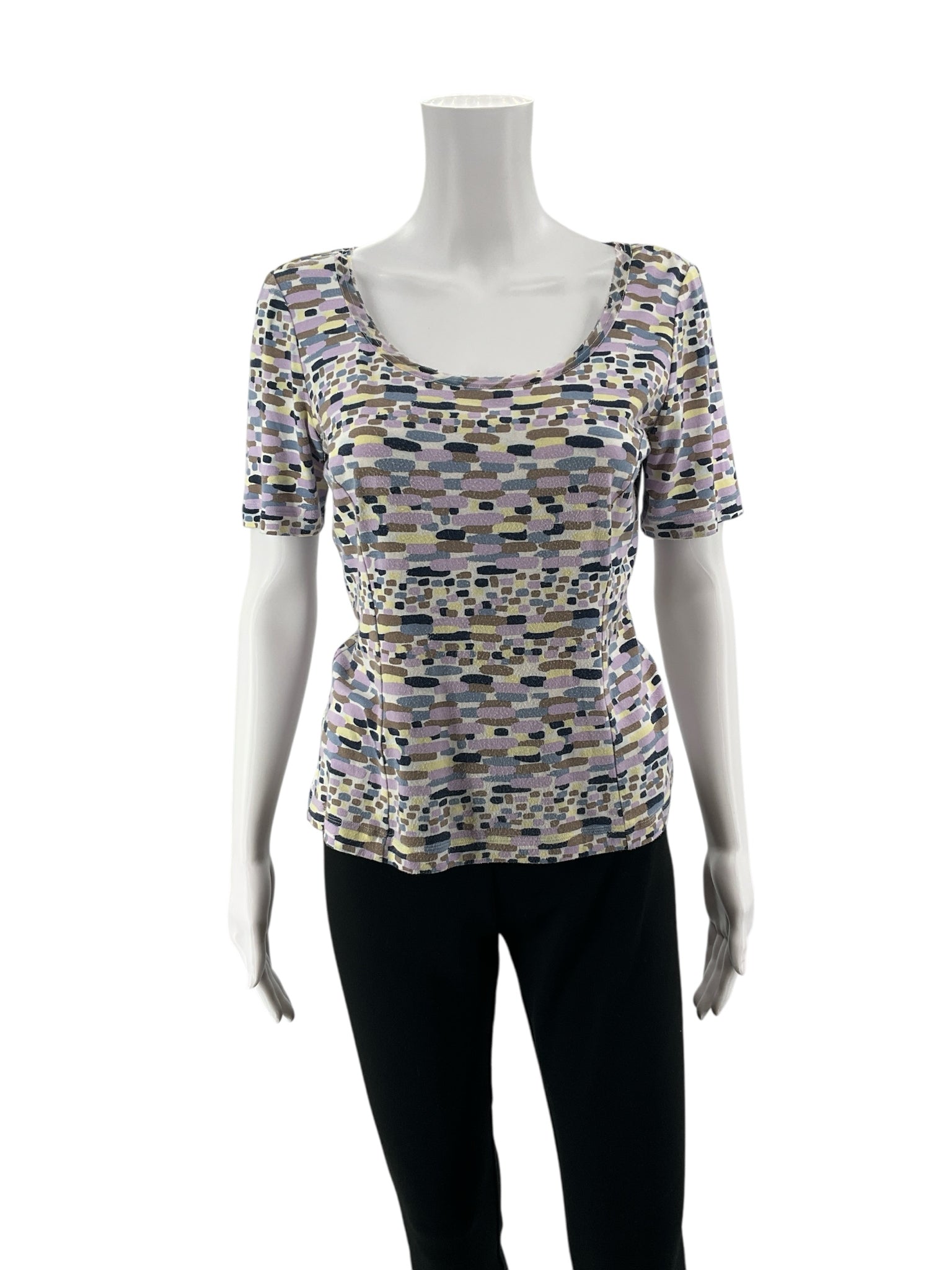 St. John Sport purple/yellow/tan/white Short Sleeve Vintage 2008 Abstract Print Scoop Neck Top Size Petite - Size P
