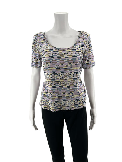 St. John Sport purple/yellow/tan/white Short Sleeve Vintage 2008 Abstract Print Scoop Neck Top Size Petite - Size P