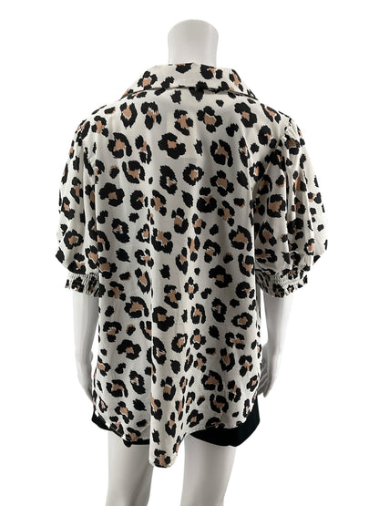 Jodifl Leopard Print Puff Sleeve Blouse | Size Large Animal Print Collared Top
