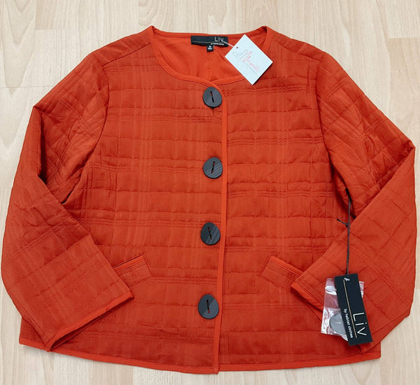Liv Burnt Orange Quilted Jacket – Size Medium with large black buttons and front pockets, pre-owned and ideal for fall fashion layering.