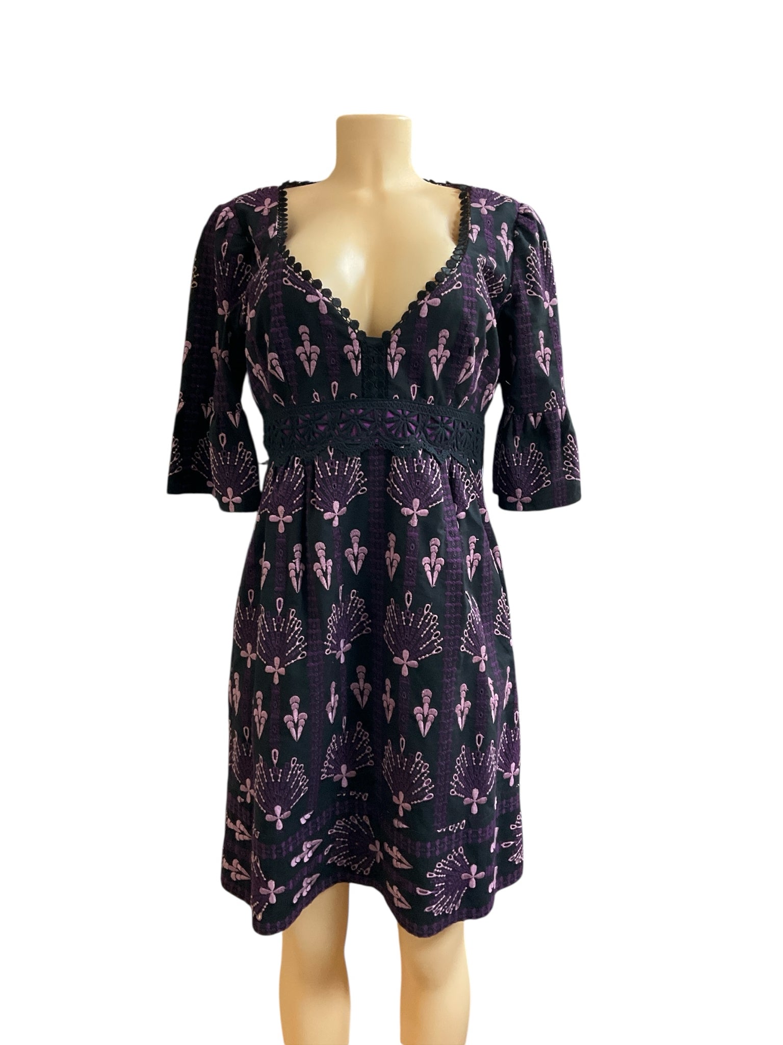 Nanette Lepore Black Purple Embroidered Bell Sleeve Mini Dress Size 12