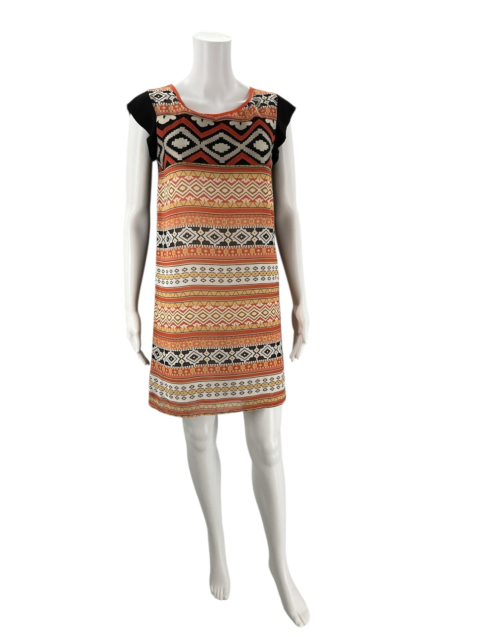 THML Coral/Multi Aztec Dress Size XS with cap sleeves and vibrant geometric patterns on front, ideal for casual or summer wear.