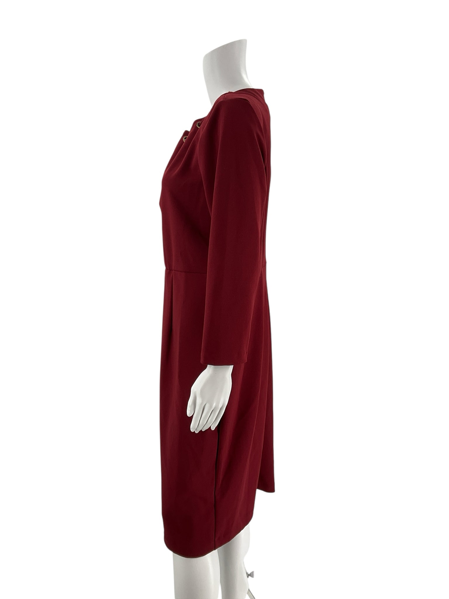 Burgundy solid pre-owned ladies dress by BrandName, size 14, showcasing a classic style and elegant design.