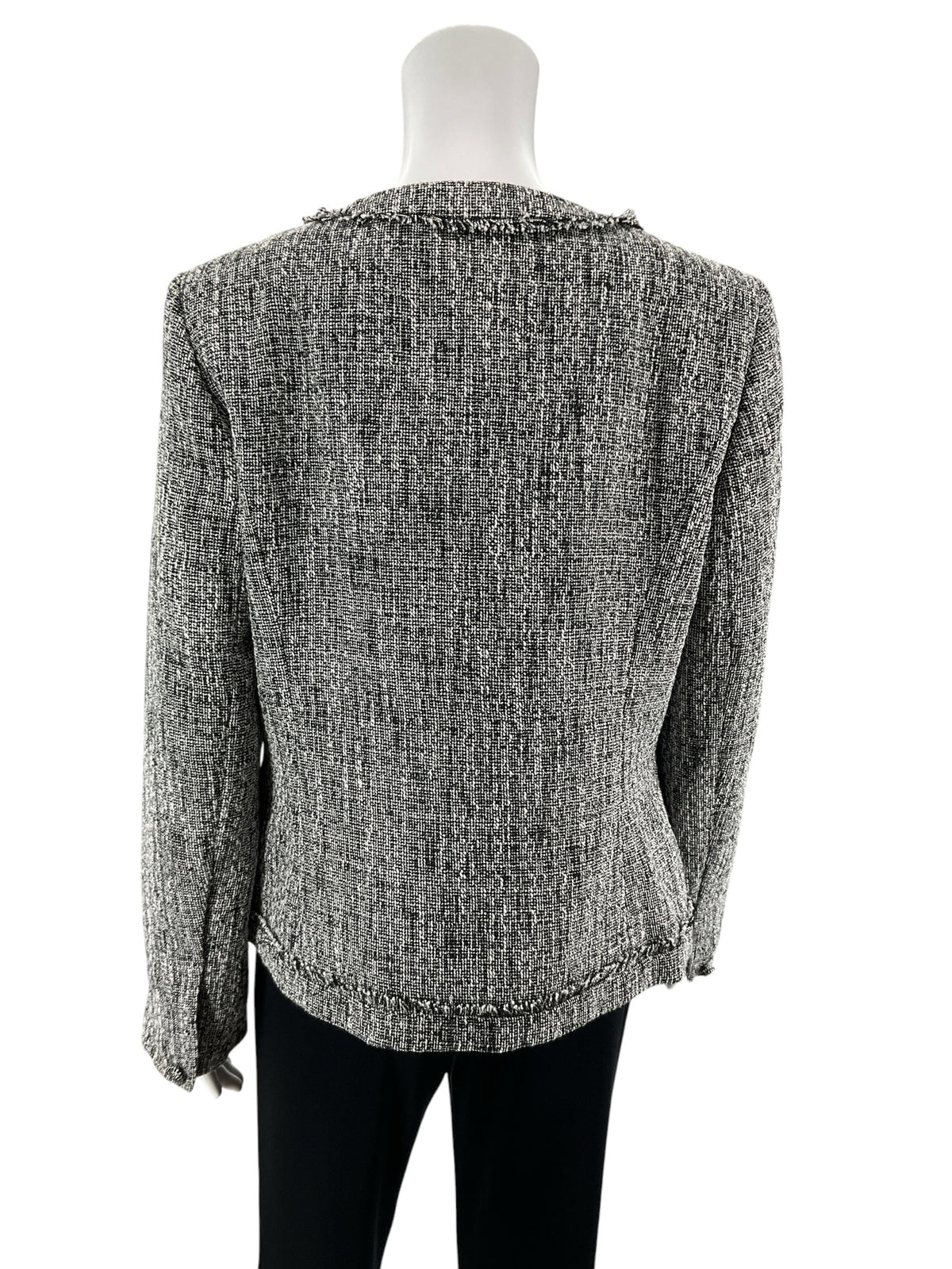 Karl Lagerfeld Paris Black &amp;amp; White Tweed Fringe Trim Bouclé Jacket Size 10