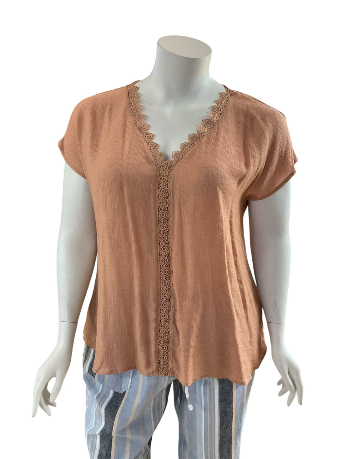 Perch by Blu Pepper Lace V-Neck Boho Top Salmon Terracotta Size 1X NWT