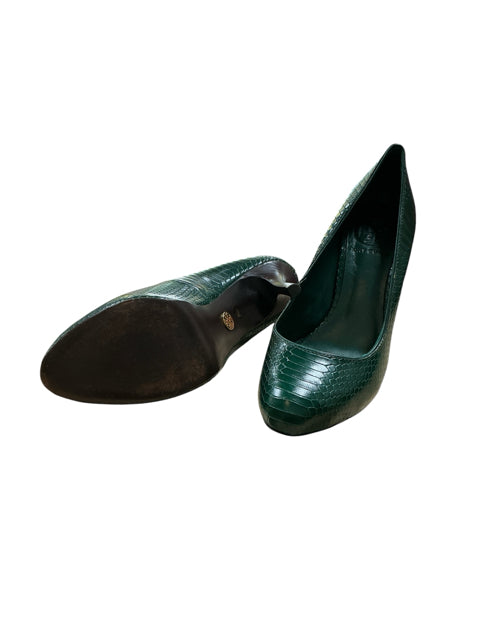 Tory Burch Sidney Green Crocodile Embossed Leather Pump | Size 6.5