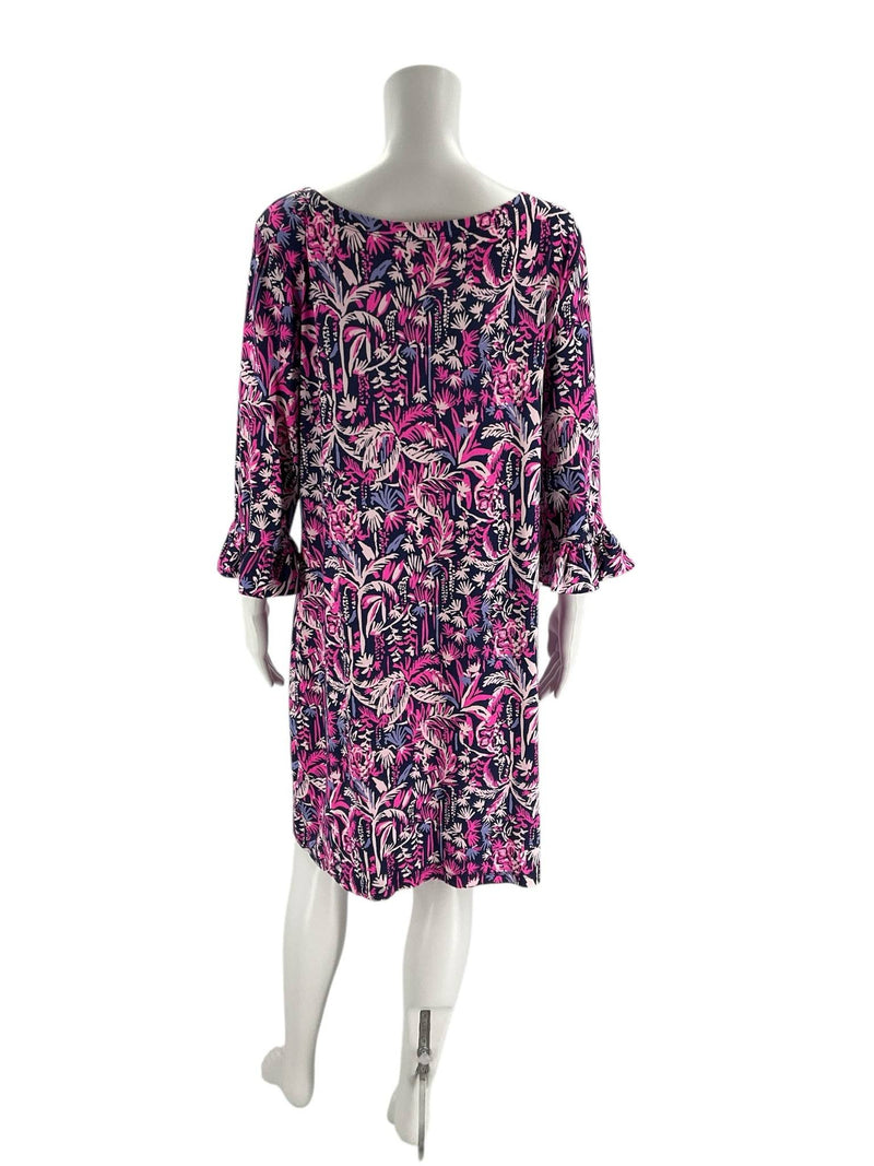 Back view of Lilly Pulitzer Dress Size XL with tropical palm print design in pink and purple tones, sold by Margaret’s Fine Consignments.