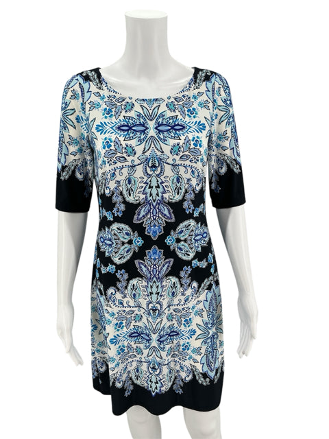 Eliza J Navy/White/Aqua Print Pre-Owned Dress Size 4 - ONLINE ONLY