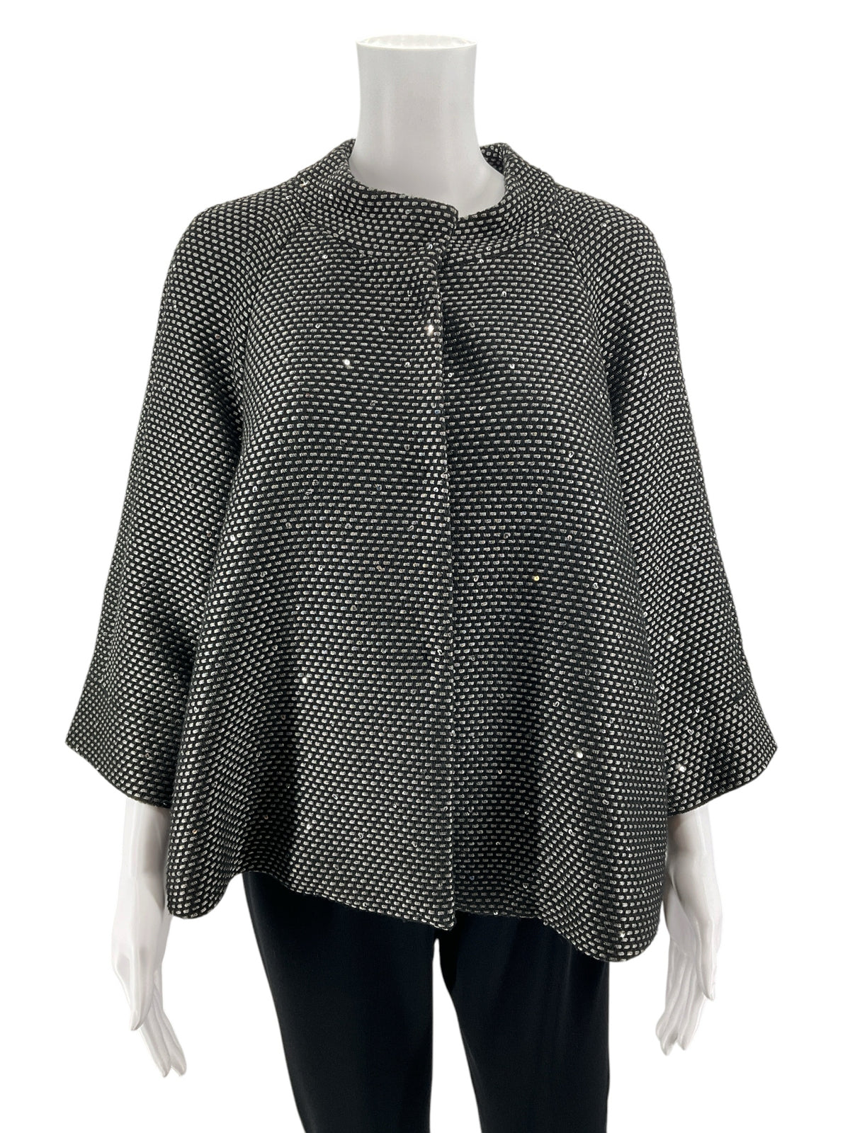 Laura Ashley Black &amp;amp; Silver Metallic Grid Knit Swing Jacket | Size Medium