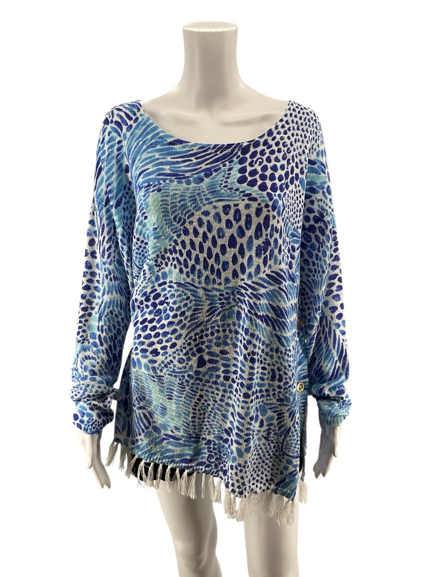 Lilly Pulitzer Tatum Sweater Seas The Day Print Fringe Hem Tunic Top Size Large