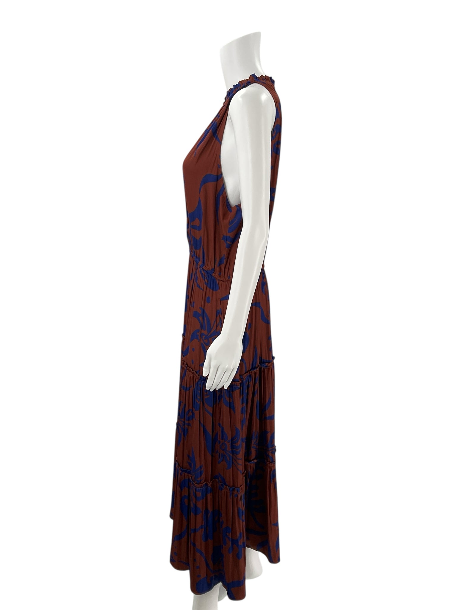 Side profile of Gap Rust/Blue Print Halter Maxi Dress - Size Large Tall highlighting the halter neckline and flattering silhouette for tall frames.