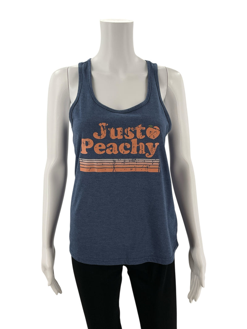 Front view of Shein 'Just Peachy' navy blue racerback tank top, size small, featuring retro orange graphic text.