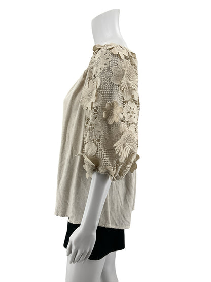 Umgee Tan Linen Cotton Boho Top with Lace Floral Sleeves Size Medium - ONLINE ONLY