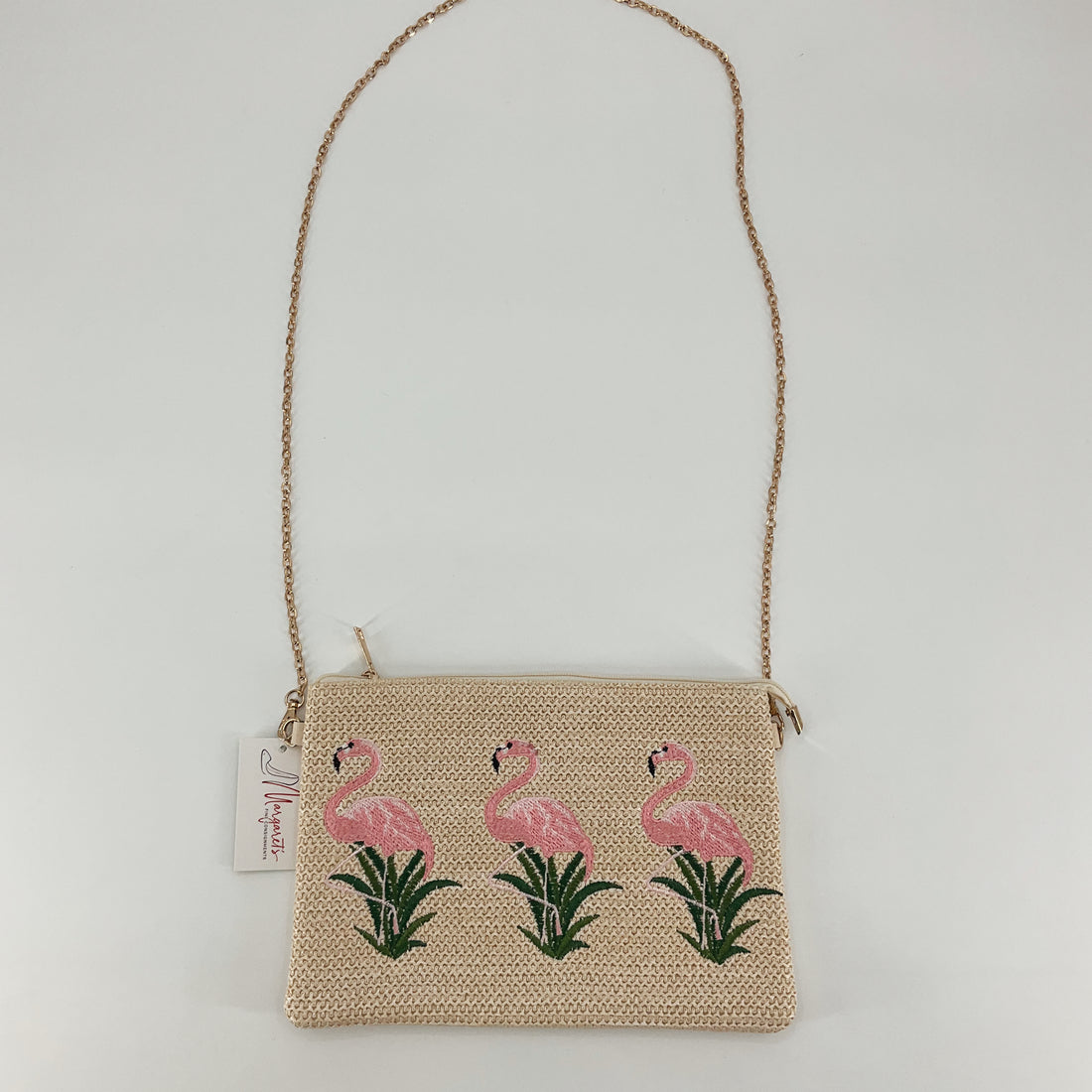 Embroidered Flamingo Straw Crossbody Bag | Tropical Summer Purse