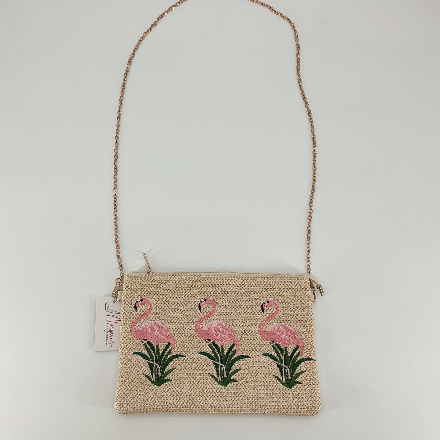 Embroidered Flamingo Straw Crossbody Bag | Tropical Summer Purse