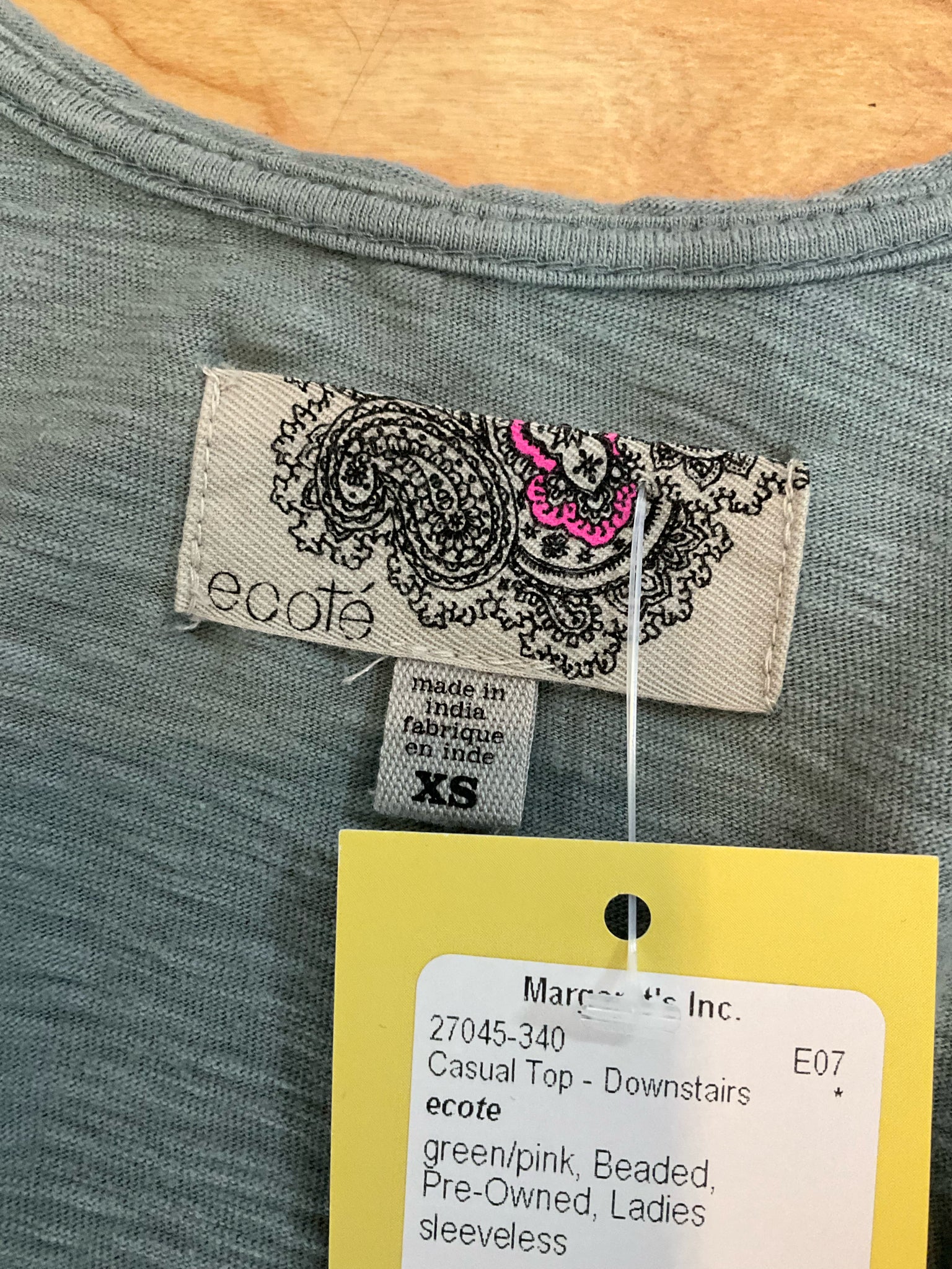 Ecote Beaded Tribal Motif Racerback Tank Top Sage Green Pink XS