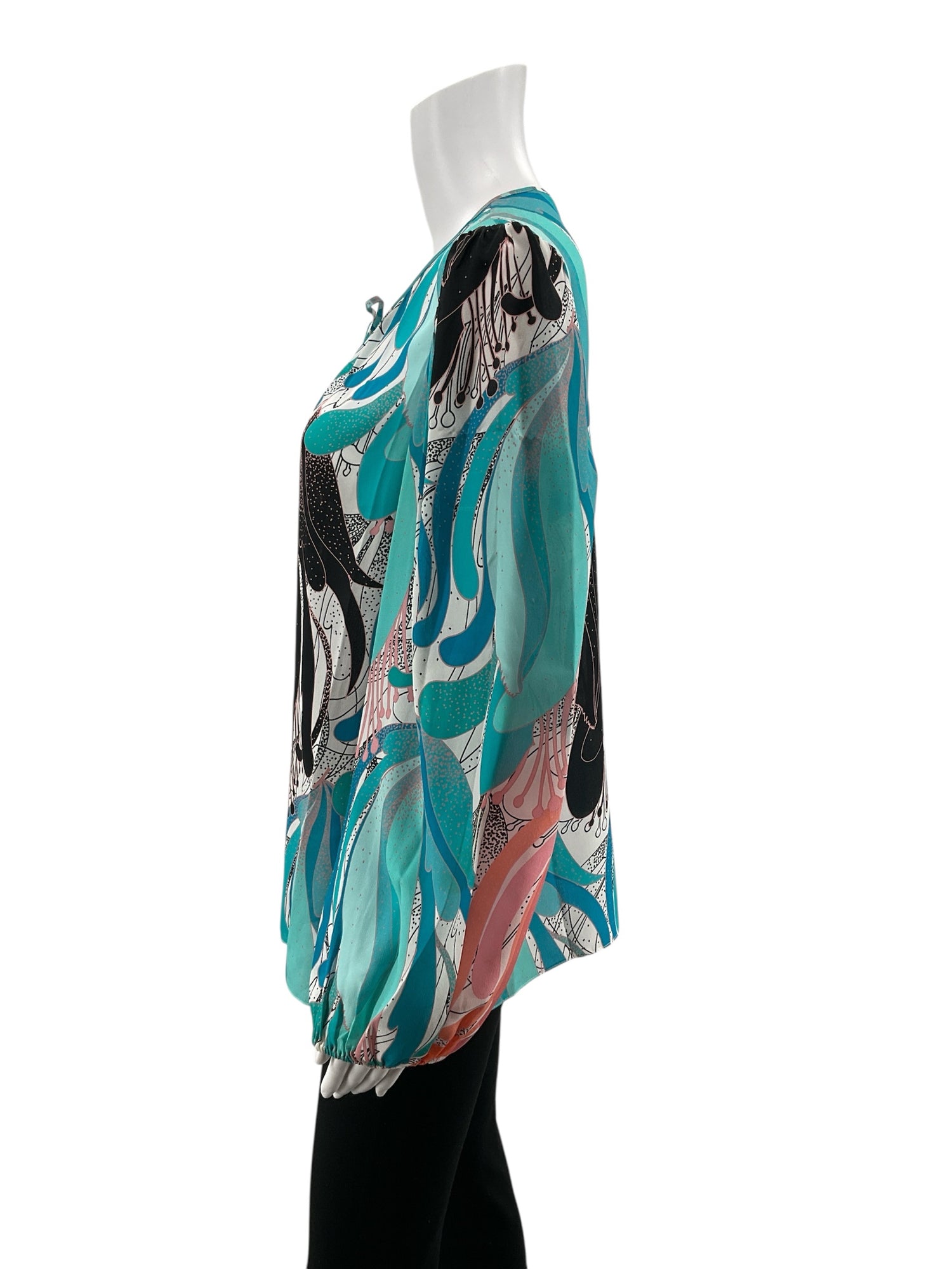 Kobi Halperin Teal/Pink/Blush Long Sleeve Maeve Blouse Size Medium Teal Pink Floral 100% Silk Bohemian Top - Size M