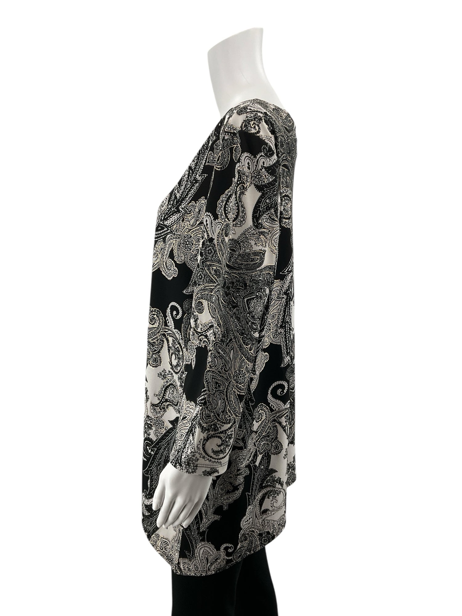 Travel Elements Paisley Print Tunic Top Black White Gold 3/4 Sleeve XL