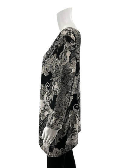 Travel Elements Paisley Print Tunic Top Black White Gold 3/4 Sleeve XL
