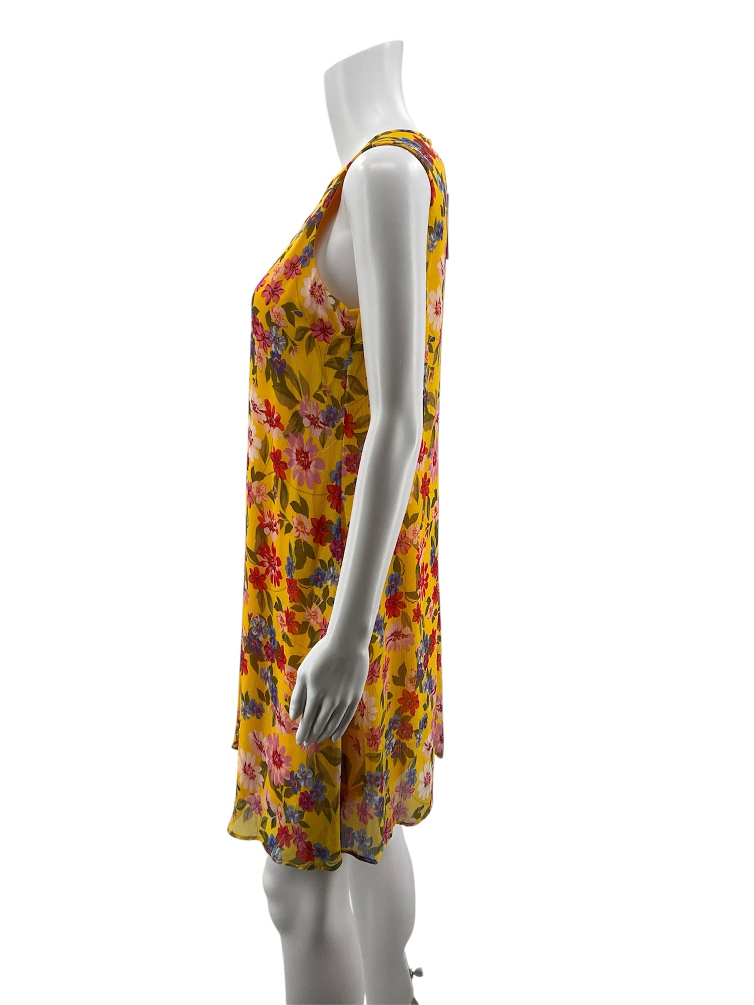 calvin klein yellow dress Chiffon Hi-Lo Size 14 Flutter Sleeve Faux Wrap 100% polyester. Calvin Klein Yellow Floral Scuba