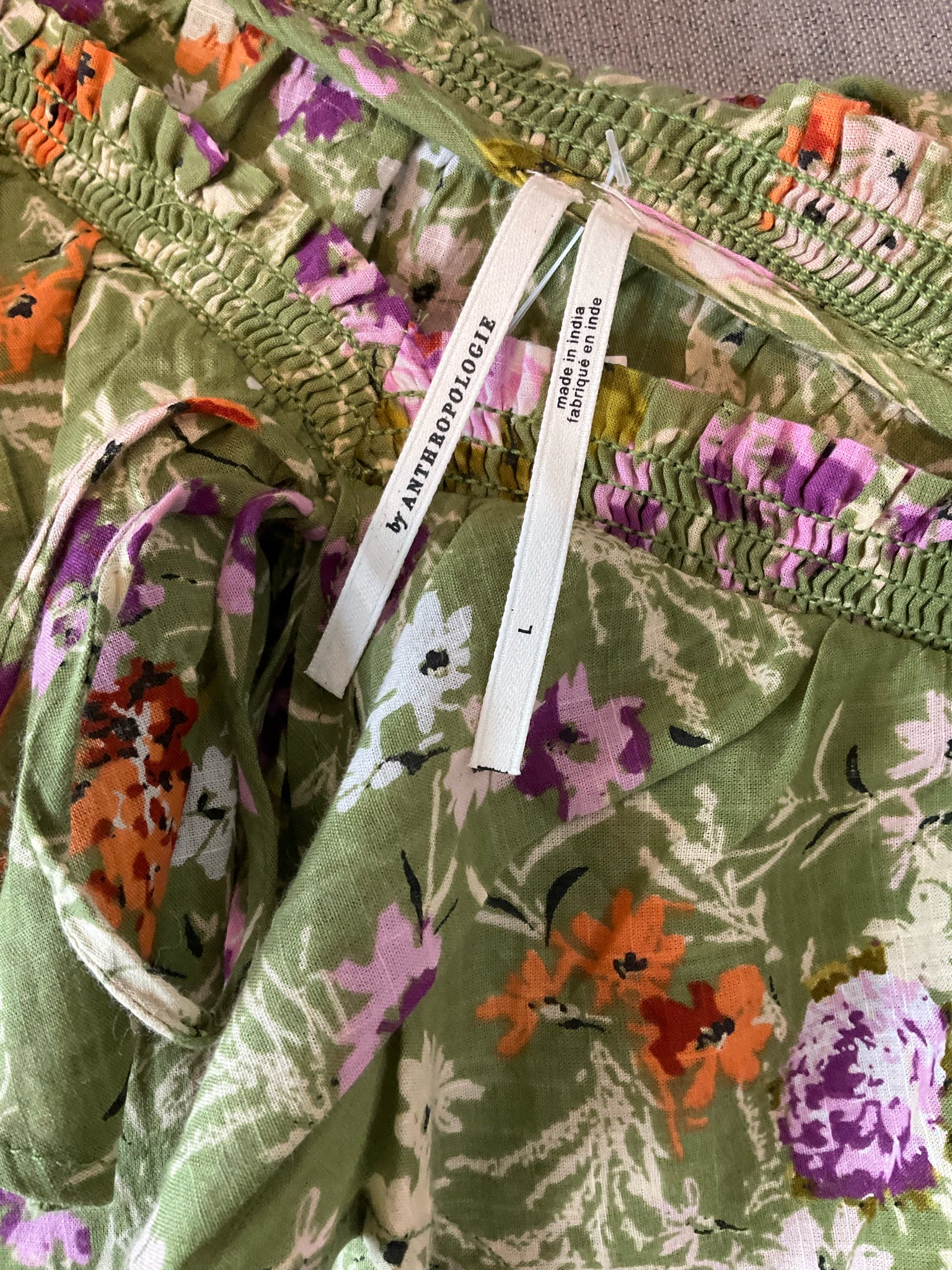 Anthropologie Green/purple/white Long Sleeve Green/Purple/White Floral Pre-Owned Casual Top - Size Large - Size L