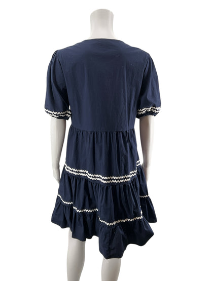 Cynthia Rowley navy/white Babydoll Navy Ric Rac Tiered Puff Sleeve Mini Dress Size Medium - Size M
