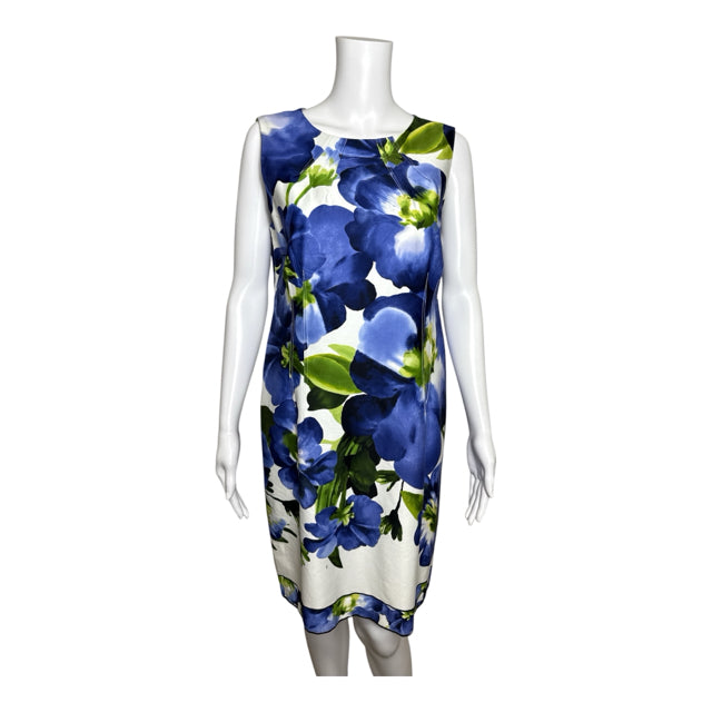 Andrea Jovine Floral Print Sheath Dress White Blue Green Size 10
