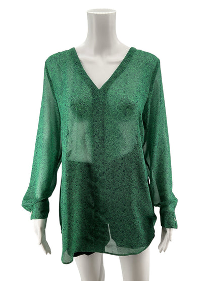 cabi Whistle Blouse Emerald Paisley V-Neck Sheer Top Green Navy Size Medium