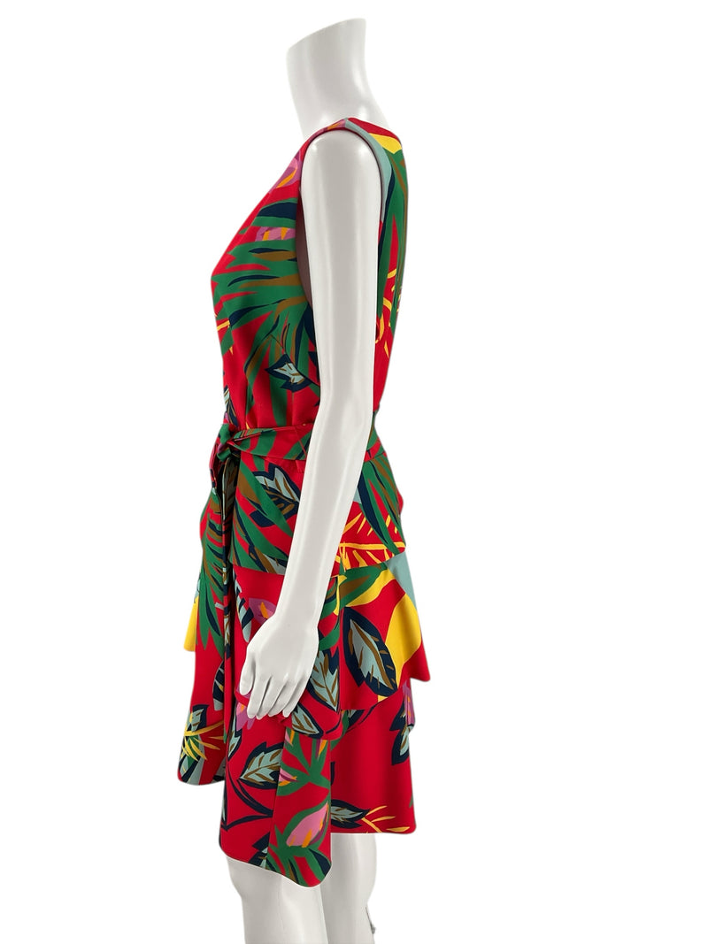 Side profile of Alex Marie Dress | Floral Print | Pink/Blue/Green | Size 14 | Pre-Owned highlighting layered hem and sleeveless cut.