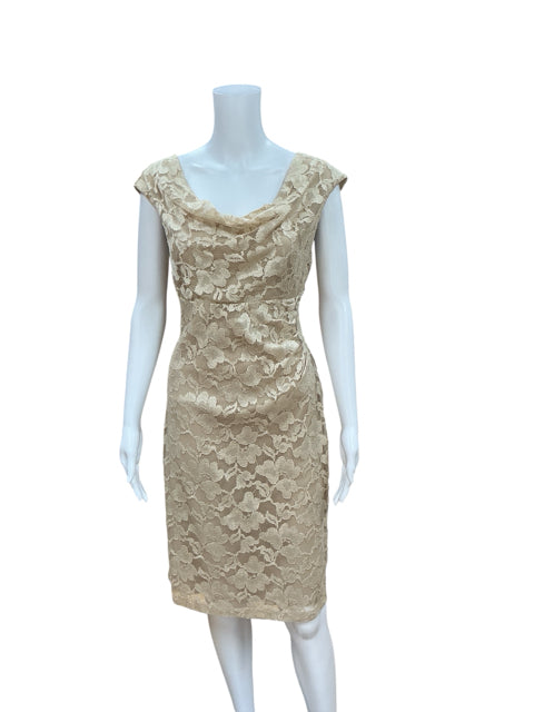 Pre-owned Connected Apparel gold floral lace dress on mannequin, showcasing elegant sleeveless design and metallic lace detail.