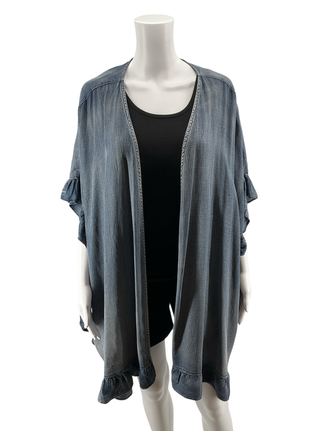 Easel Blue Tencel Ruffle Hem Open Front Kimono Top Size Large