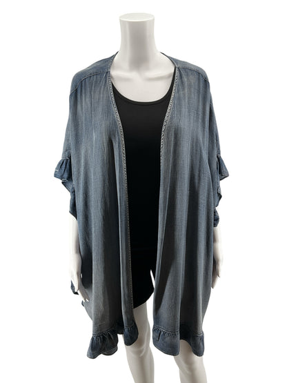 Easel Blue Tencel Ruffle Hem Open Front Kimono Top Size Large