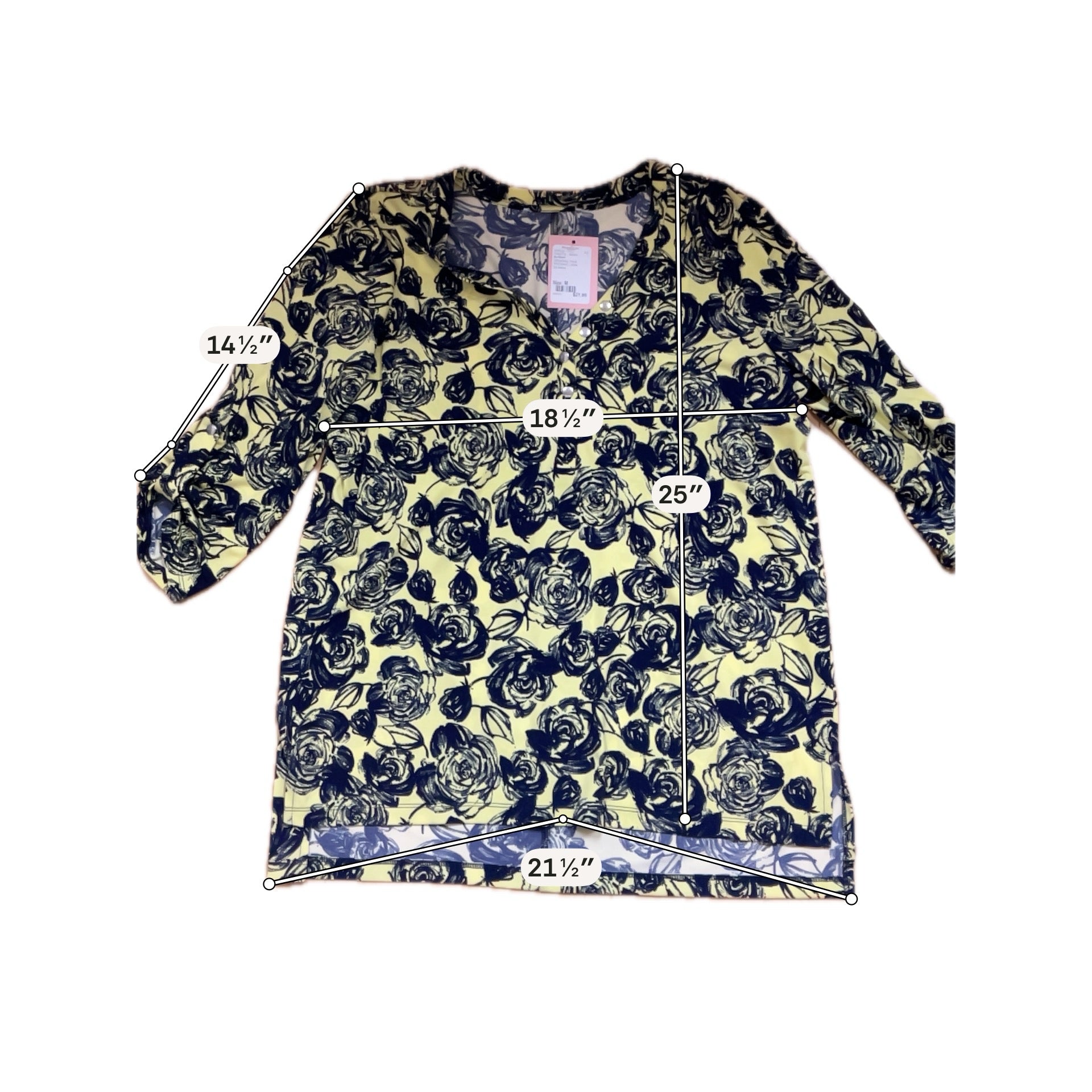 Christopher &amp; Banks Yellow Navy Floral V-Neck Tunic Top Size Medium