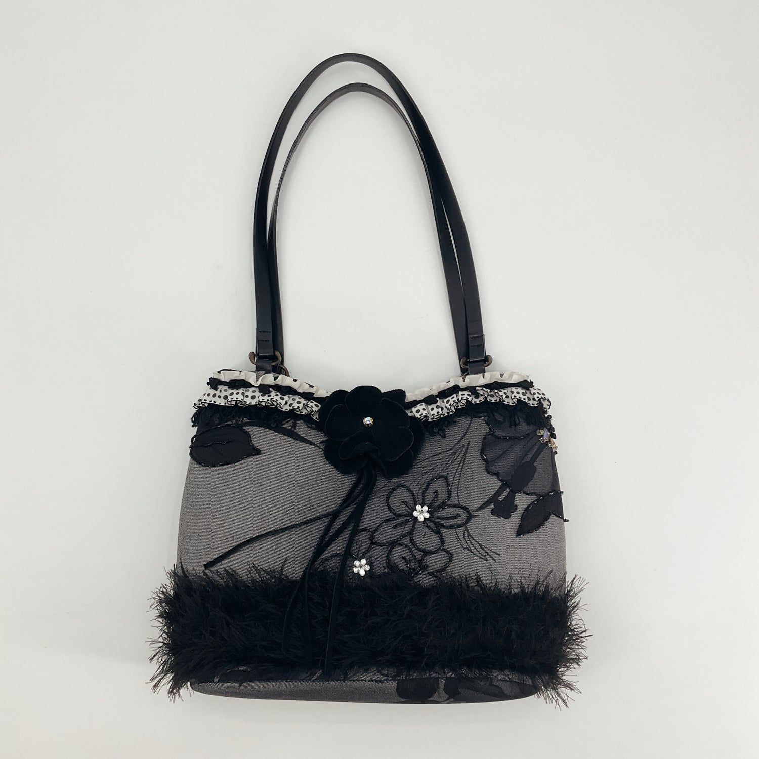 Mary Frances Embellished Floral Fringe Shoulder Bag Black Gray
